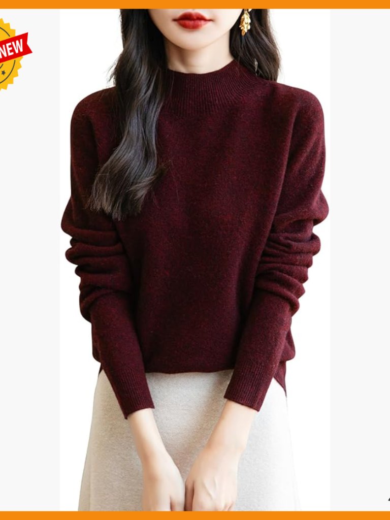 Merino Wool Seamless Mock Neck Pullover Sweater Long Sleeve